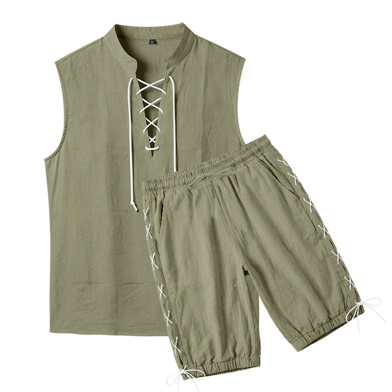 Men's sleeveless leisure set with lace collar and drawstring Bermuda Mune Fashion