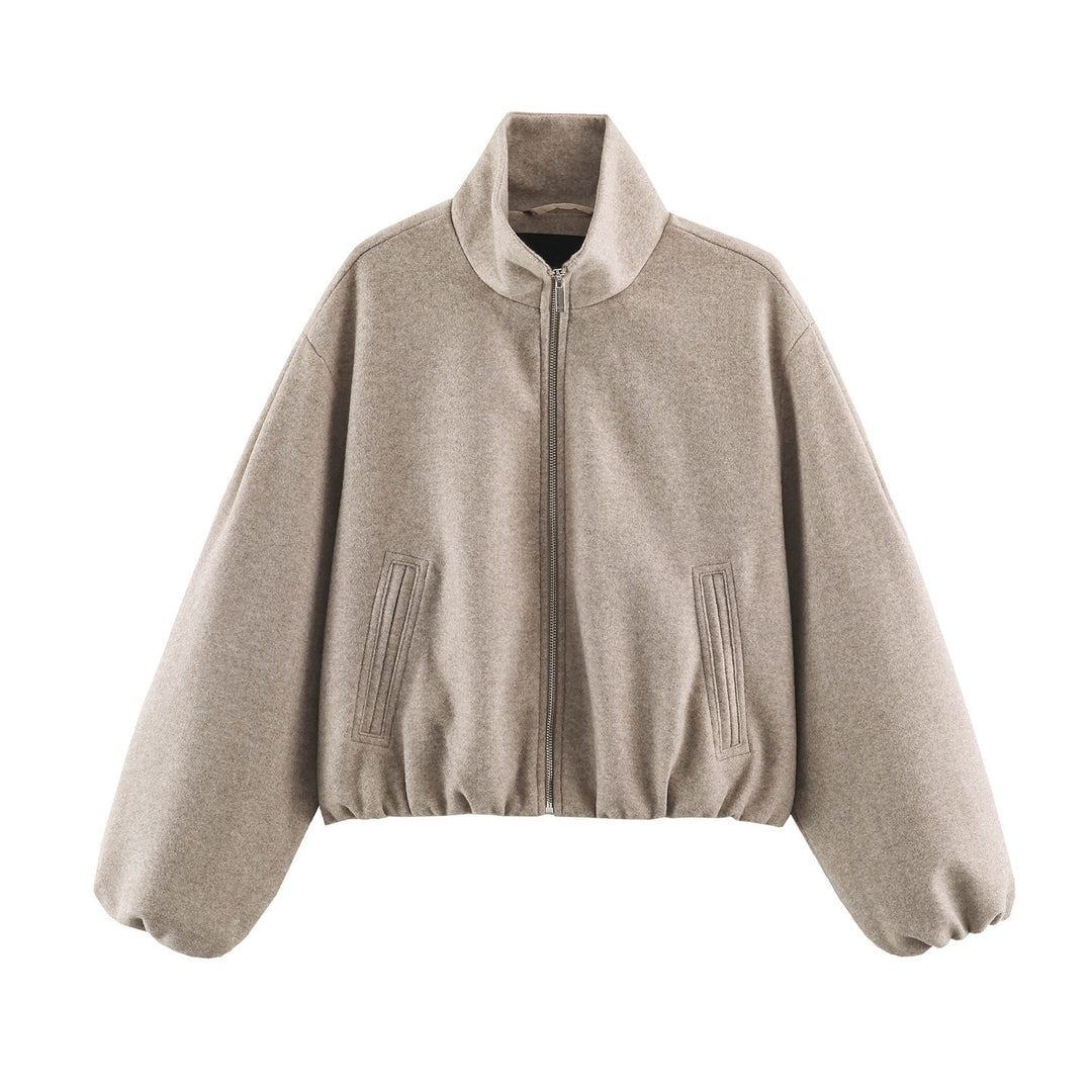 Women's Cropped Wool Look Bomber Jacket with High Stand-Up Collar and Hidden Pockets Mune Fashion