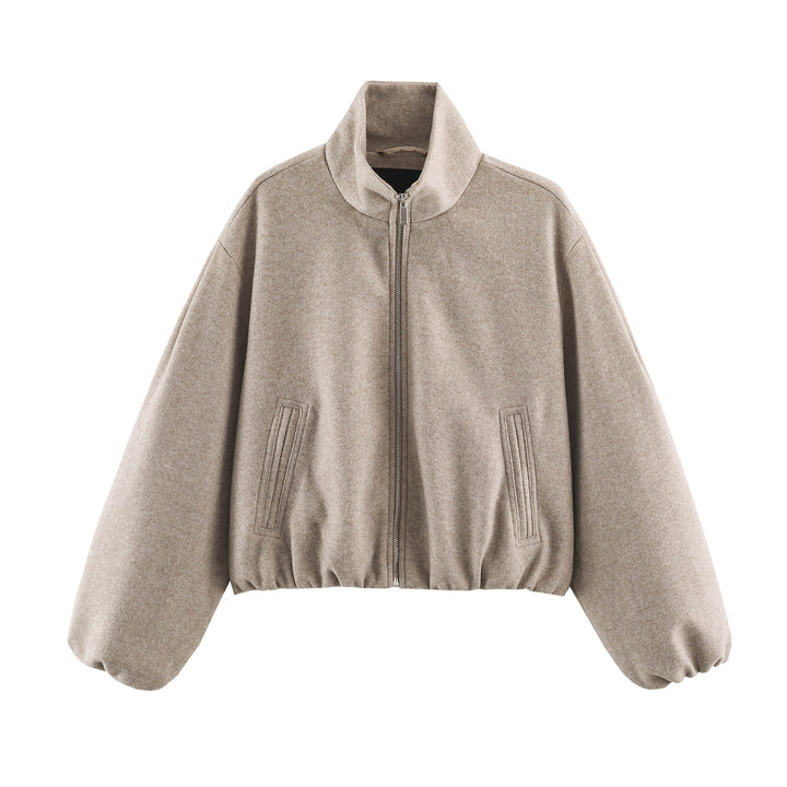 Women's Cropped Wool Look Bomber Jacket with High Stand-Up Collar and Hidden Pockets Mune Fashion
