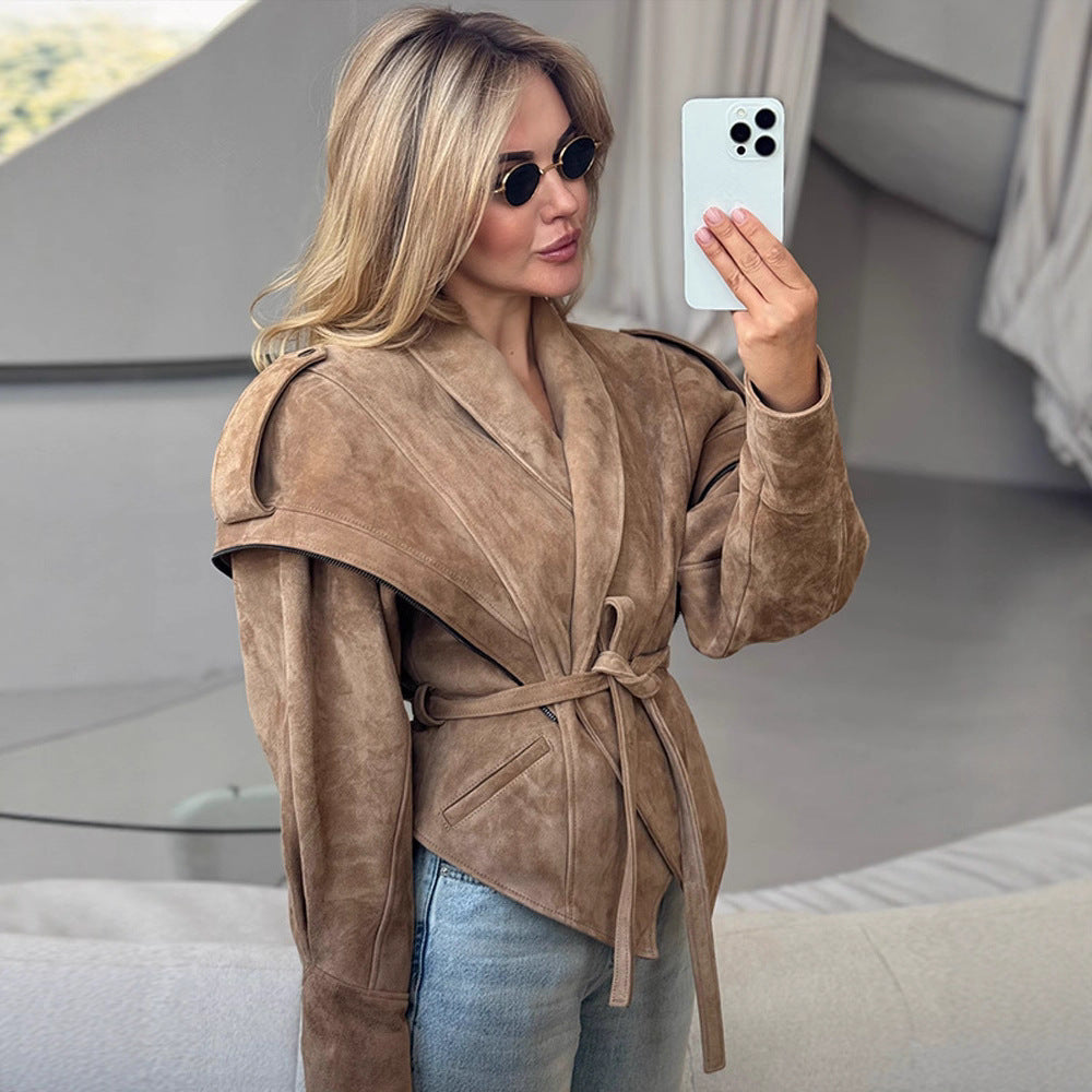 Women's Suede Wrap Jacket with Wide Shawl Collar and Waist Belt Mune Fashion