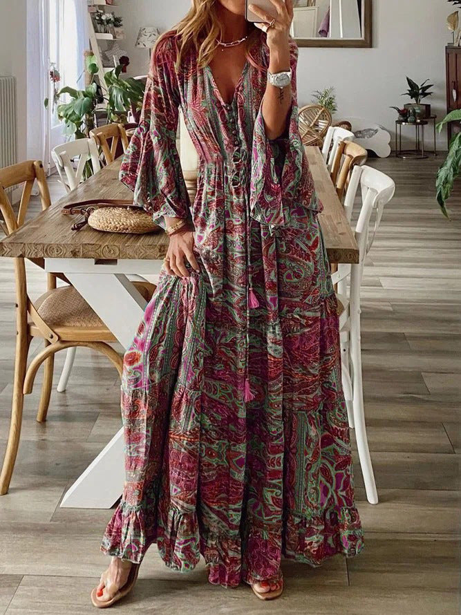 Women’s Boho Maxi Dress with Paisley Print, V-Neck, Ruffle Sleeves, and Waist Tie Belt Mune Fashion