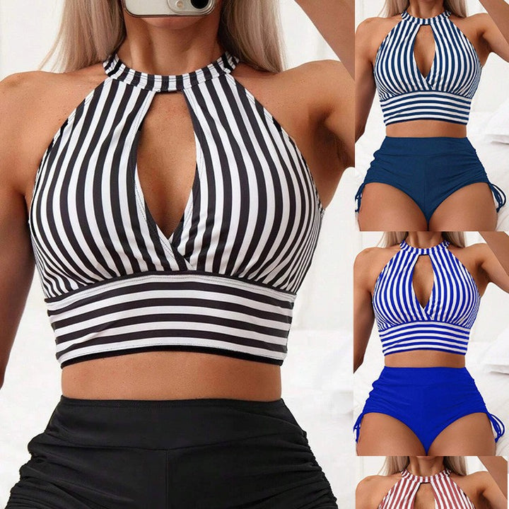 Women's High-Waisted Swim Set with Stripe Design Mune Fashion