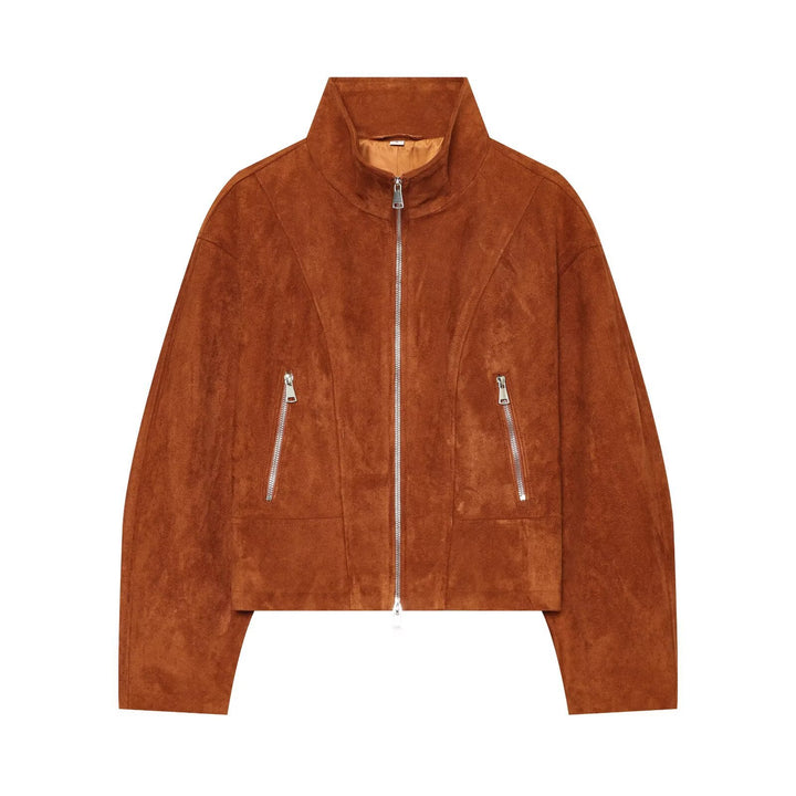 Women's Short-cut Suede Blouson with Stand Collar and Zipper Drune