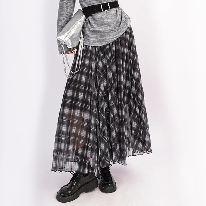 Women's pleated checked layered midi skirt with elasticated waistband and multi-layered chiffon structure Mune Fashion
