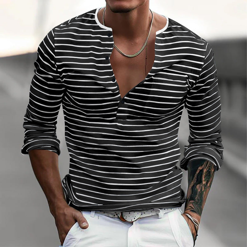 Men's striped long-sleeve shirt with short button placket, round neckline, and subtle chest pocket Mune Fashion
