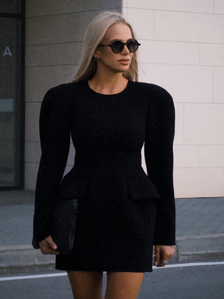 Women Tailored Minidress with Structured Shoulders, Long Sleeves and Suggested Peplum Mune Fashion