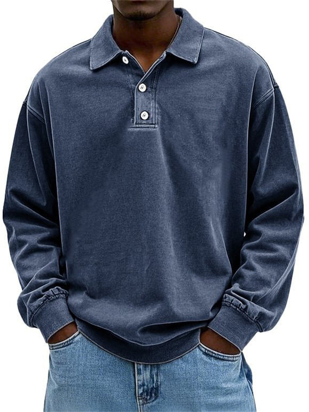 Men's Oversize Denim Look Polo Sweatshirt with Short Button Placket and Elastic Cuffs EB