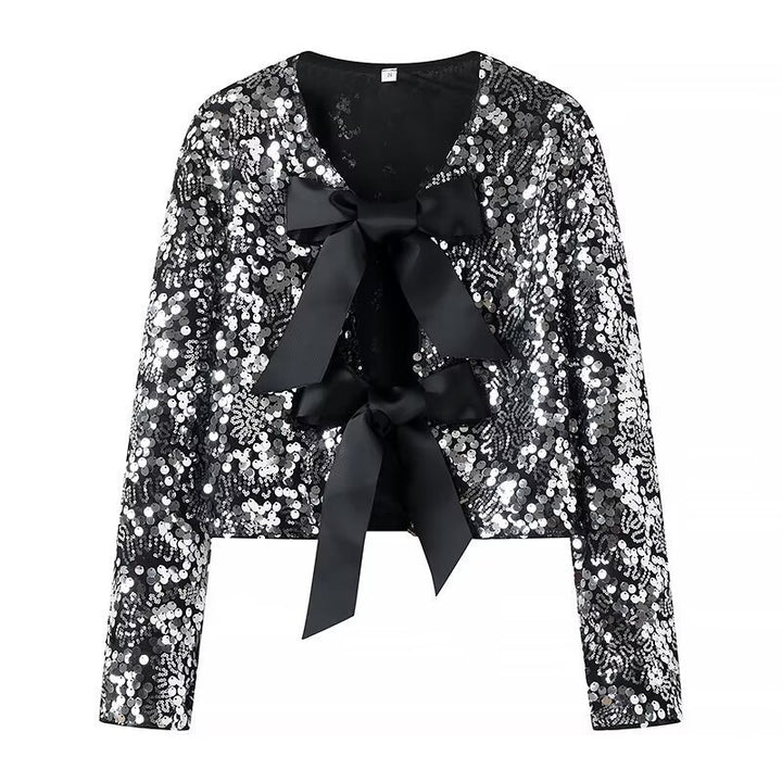 Women’s Short Jacket with Sequin Trim and Decorative Bow Front Mune Fashion