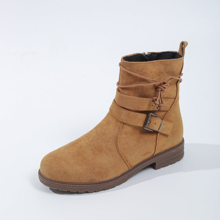 Women's non-insulated ankle boots with wrap straps, decorative metal buckle, and slip-resistant profile sole Mune Fashion