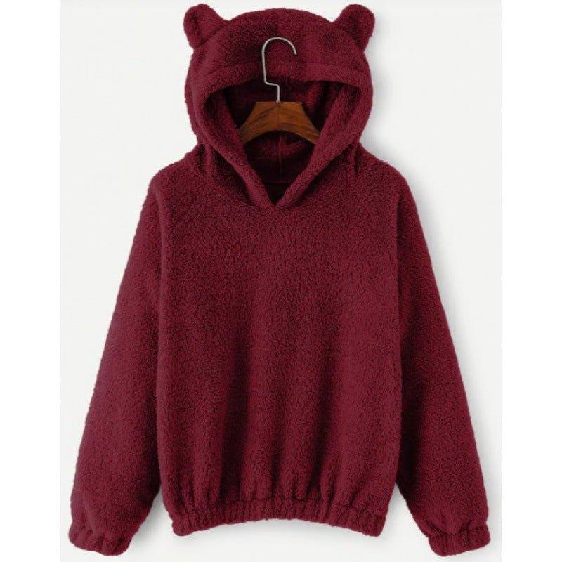 Women's Cozy Teddy Hooded Sweater with Bear Ears and Drawstring Hem Mune Fashion
