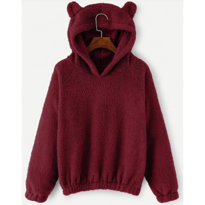 Women's Cozy Teddy Hooded Sweater with Bear Ears and Drawstring Hem Mune Fashion