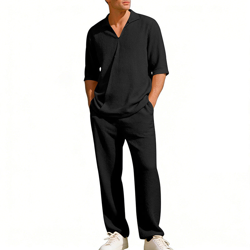 Men's crepe structure leisure set with open lapel collar and straight comfort trousers with side pockets Mune Fashion
