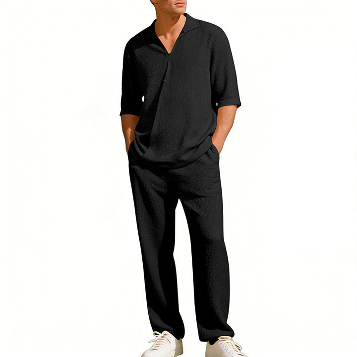 Men's crepe structure leisure set with open lapel collar and straight comfort trousers with side pockets Mune Fashion