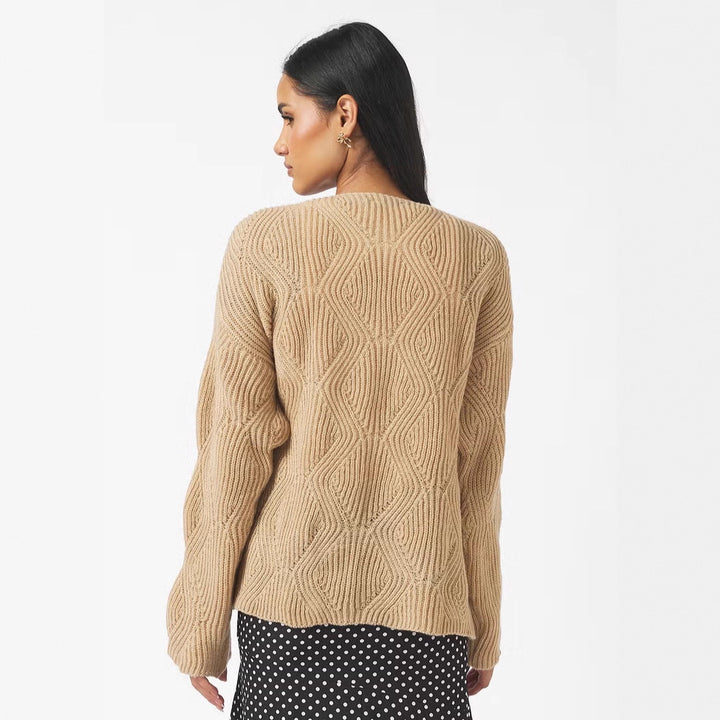 Women's Oversized Knit Sweater with V-Neck, Drawstring, and Diamond Pattern Drune