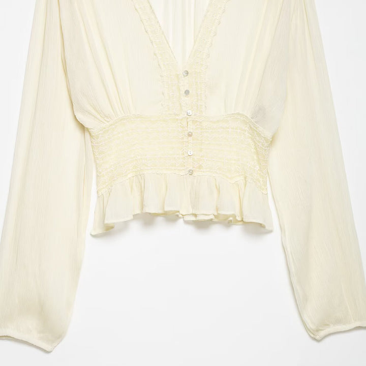 Women Light Blouse with V-Neck, Gathered Waist and Ruffle Hem