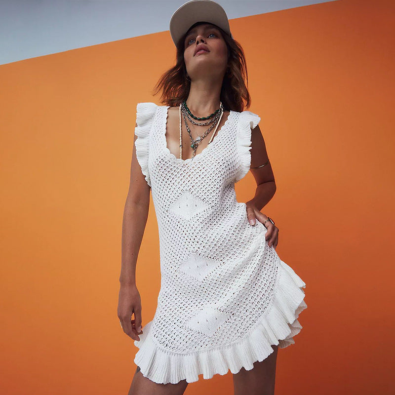 Women Playful Crochet Dress with Ruffles Mune Fashion