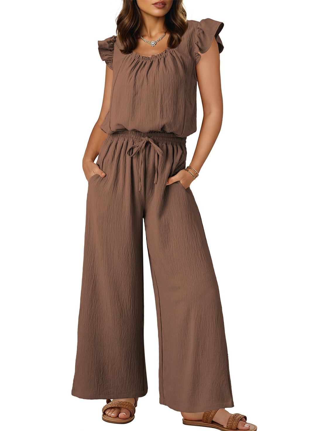 Women's Crinkle Jumpsuit with Wide Leg, Elastic Waistband, and Ruffled Sleeves Mune Fashion