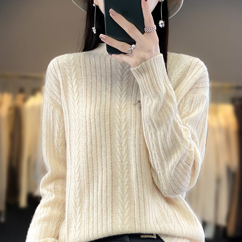 Women Cashmere-like Fine Knit Mock Neck Sweater with Lace Cable Pattern and Casual Oversized Fit Mune Fashion