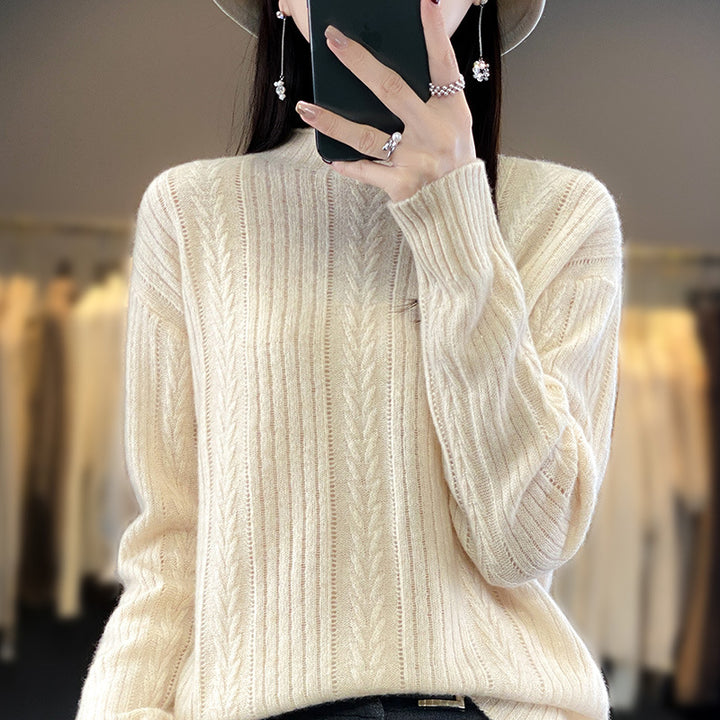 Women Cashmere-like Fine Knit Mock Neck Sweater with Lace Cable Pattern and Casual Oversized Fit Mune Fashion