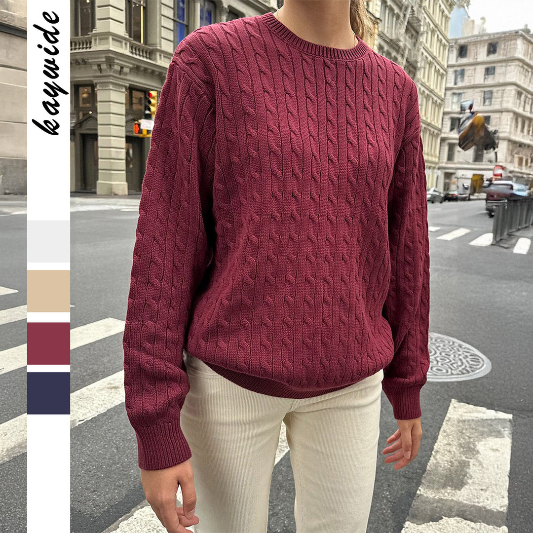 Women's large knitted cable knit sweater with round neckline, relaxed oversized fit, and ribbed cuffs Mune Fashion