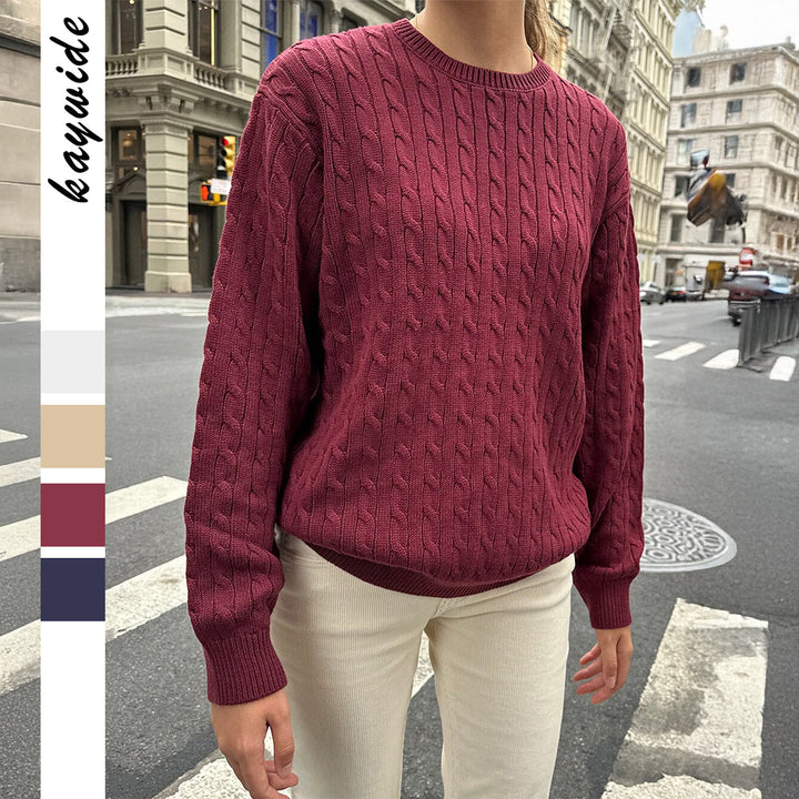 Women's large knitted cable knit sweater with round neckline, relaxed oversized fit, and ribbed cuffs Mune Fashion