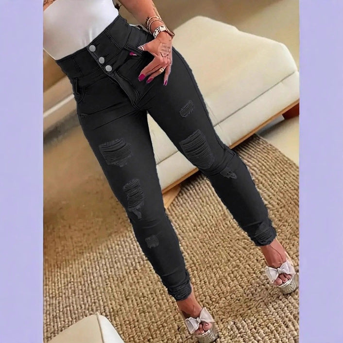 Women's High-Waisted Sculpting Skinny Jeans with Rips and Triple Button Mune Fashion