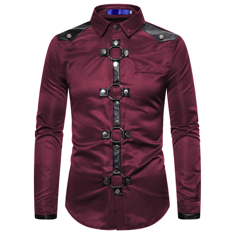 Men's fitted long sleeve shirt with decorative leather stripes and metal rings Mune Fashion