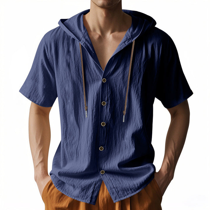 Men's lightweight short-sleeve hooded shirt with button placket and breathable cotton blend Mune Fashion