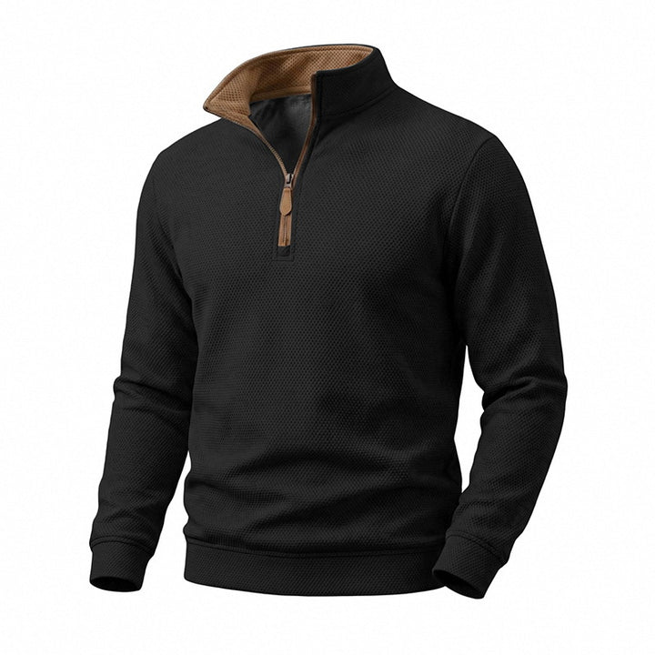 Men's waffle structure half-zip sweatshirt with stand collar, contrast lining, and leather zipper Mune Fashion