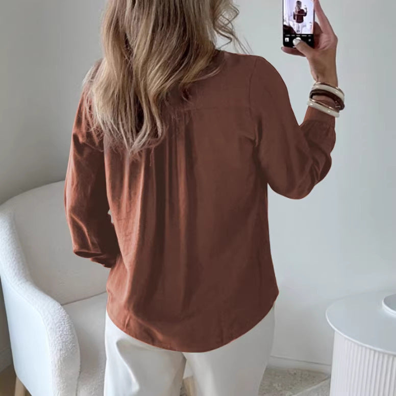Women Loose Blouse Shirt with V-Neck, Ruffle Hem and Golden Decorative Buttons Mune Fashion