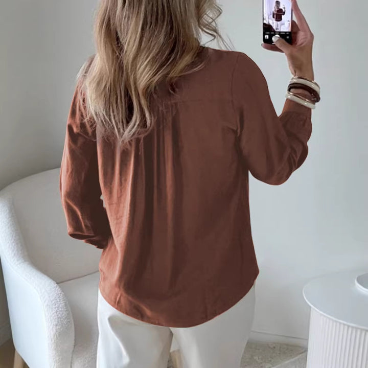 Women Loose Blouse Shirt with V-Neck, Ruffle Hem and Golden Decorative Buttons Mune Fashion