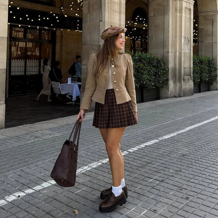 Women's Tailored Suede Look Blazer with Stand-Up Collar and Golden Decorative Buttons Mune Fashion