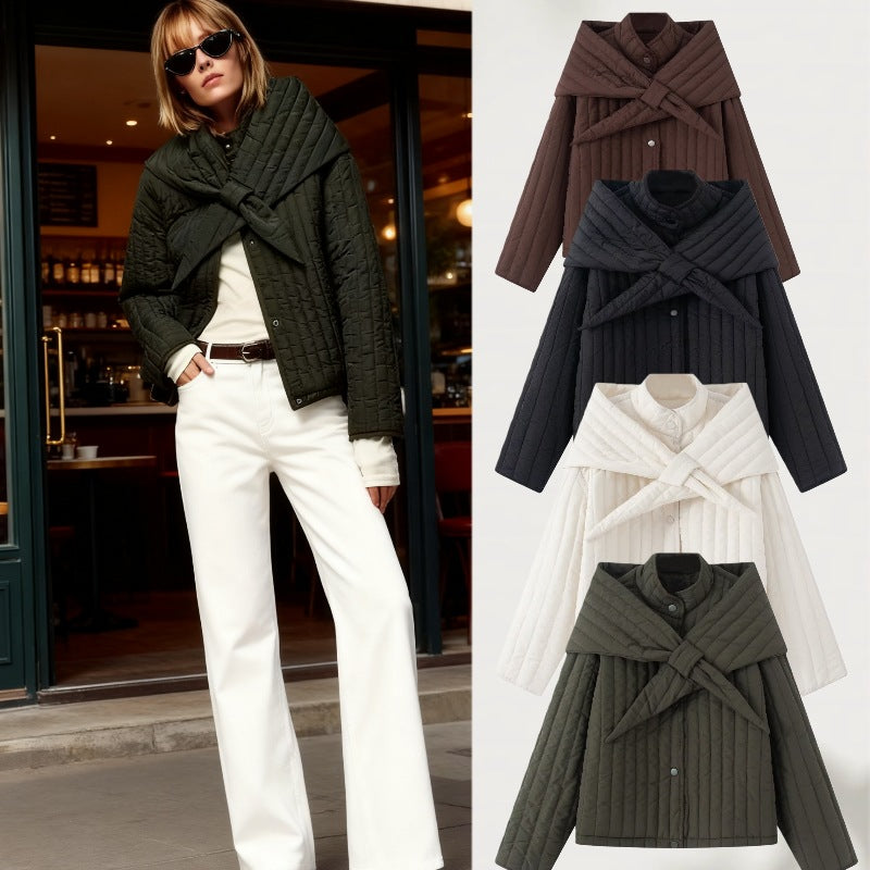 Women's quilted jacket with oversized wrap collar and snap button placket Mune Fashion
