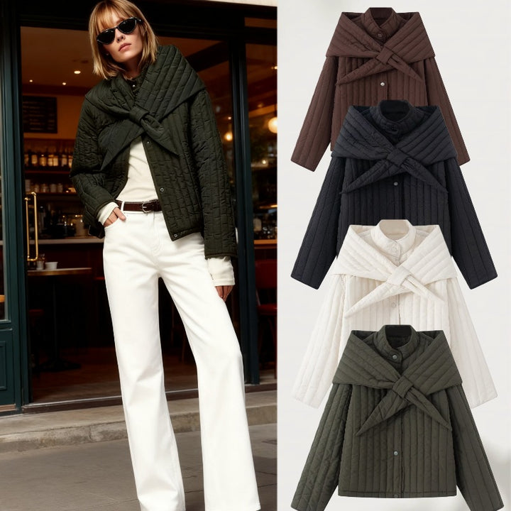 Women's quilted jacket with oversized wrap collar and snap button placket Mune Fashion