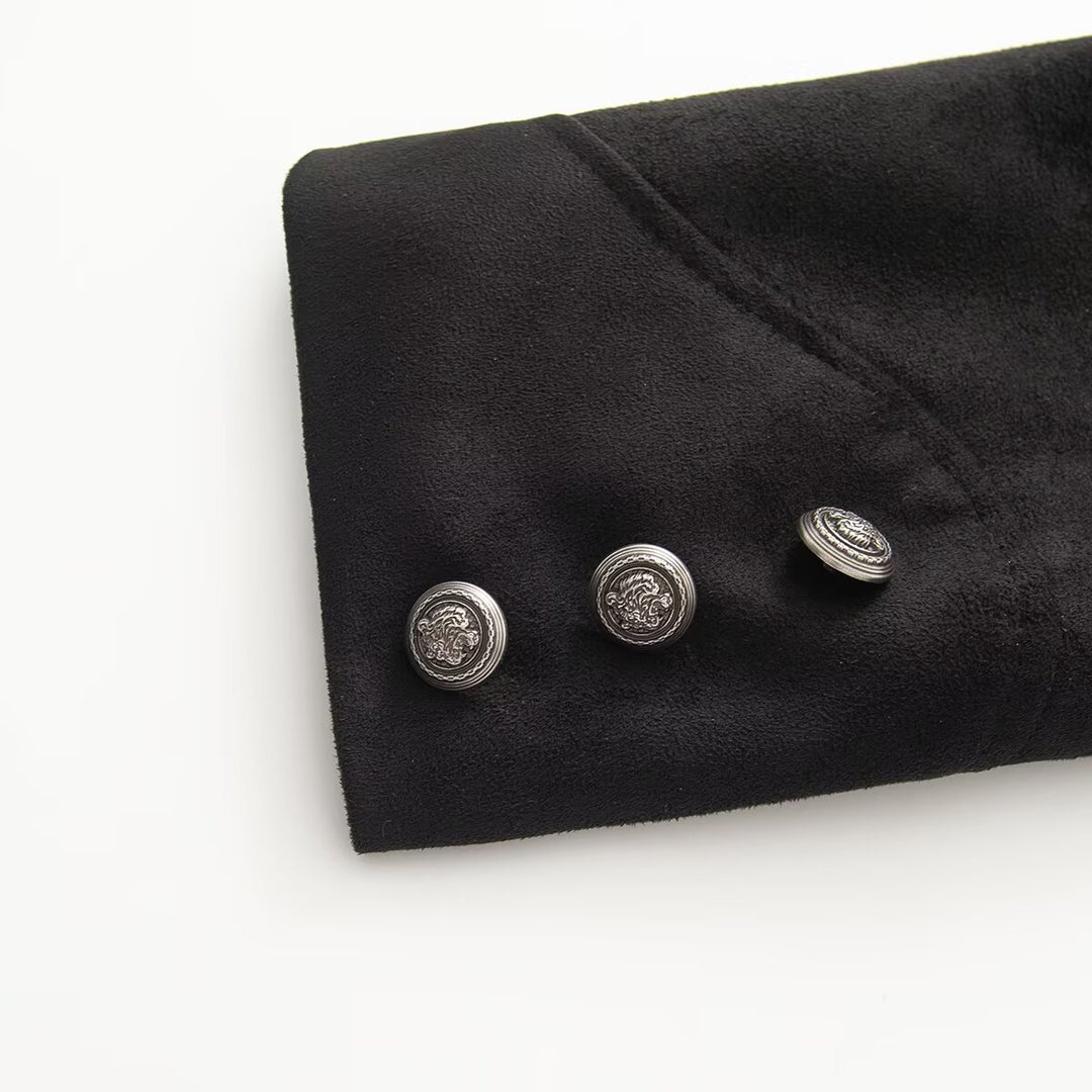 Women's short uniform-inspired jacket with high stand-up collar, double button placket and decorative cuffs Mune Fashion
