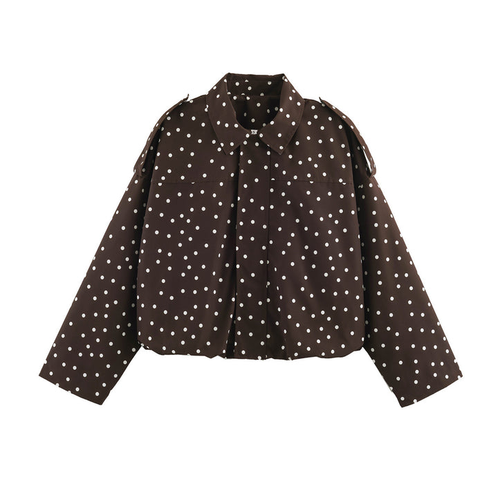Ladies Polka Dot Cropped Blazer with Shirt Collar and Epaulettes Mune Fashion