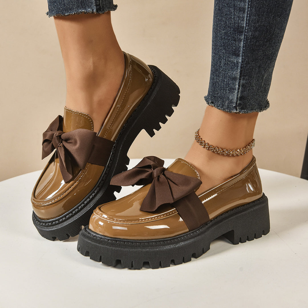 Women's Shiny Platform Loafers with Oversized Decorative Bow and Chunky Profile Sole Mune Fashion