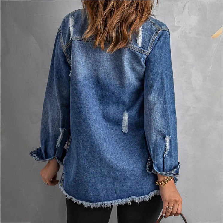Women Casual Oversized Denim Jacket with Destroyed Details, Shirt Collar and Fringed Hem Mune Fashion