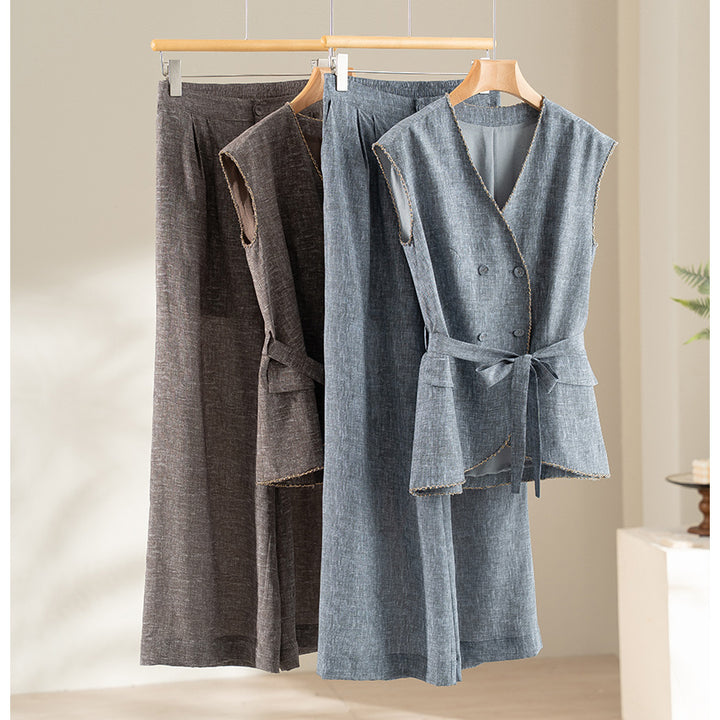 Ladies High-Waisted Palazzo Pants made of Linen Blend with Pleats and Elastic Comfort Waistband Mune Fashion