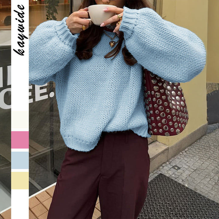 Women oversized chunky knit sweater with round neckline and ribbed hems Mune Fashion
