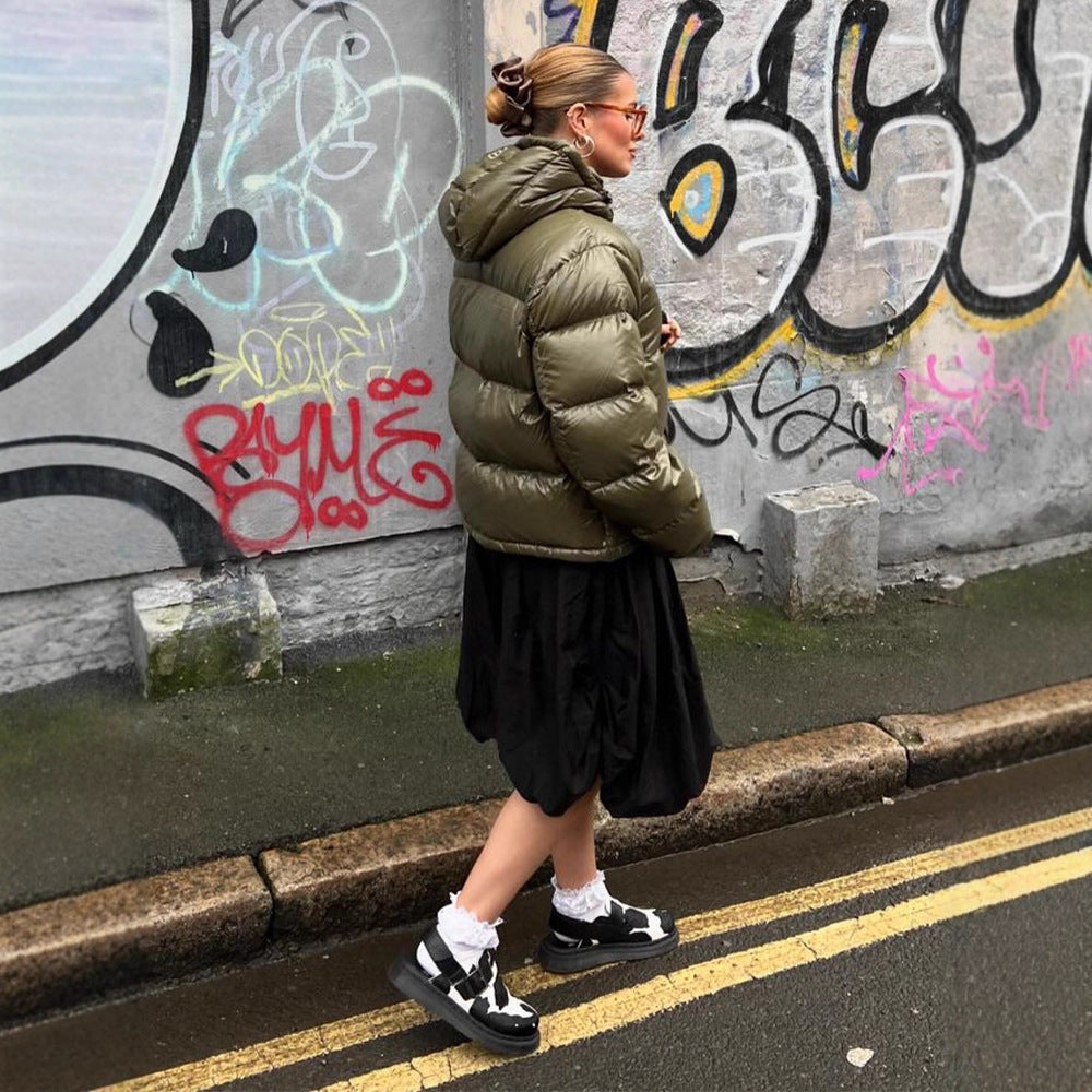 Women's Short Shiny Padded Jacket with Hood and Boxy Silhouette Mune Fashion