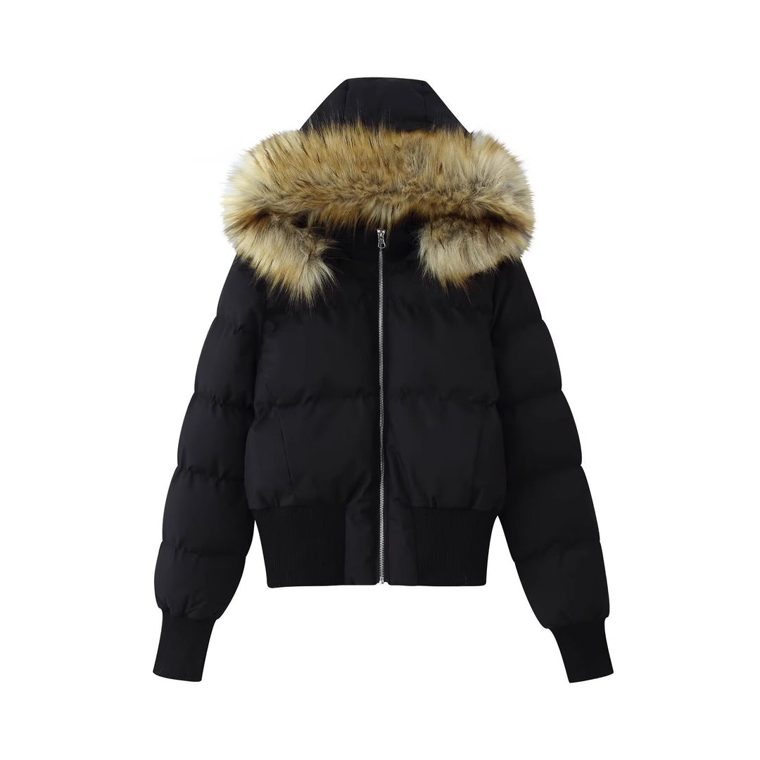 Women's Padded Cropped Bomber Jacket with Hood and Removable Faux Fur Trim Mune Fashion