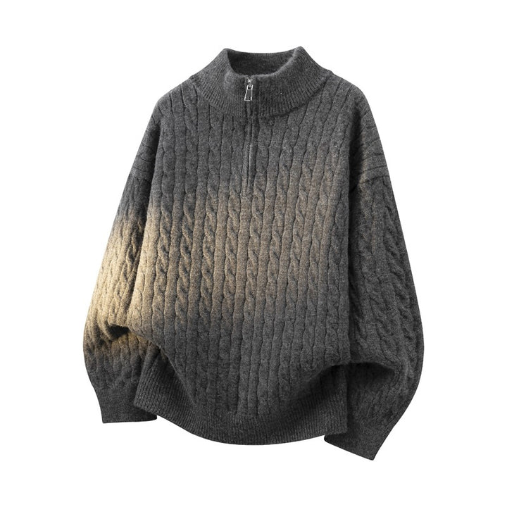Women's Chunky Knit Half-Zip Sweater with Cable Pattern and Stand-Up Collar Mune Fashion