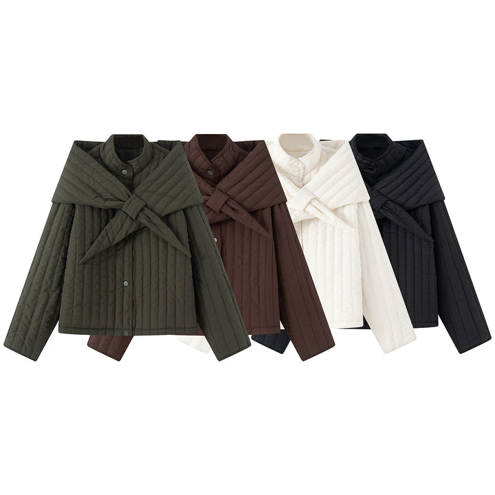 Women's quilted jacket with large wrap collar and tie scarf Mune Fashion