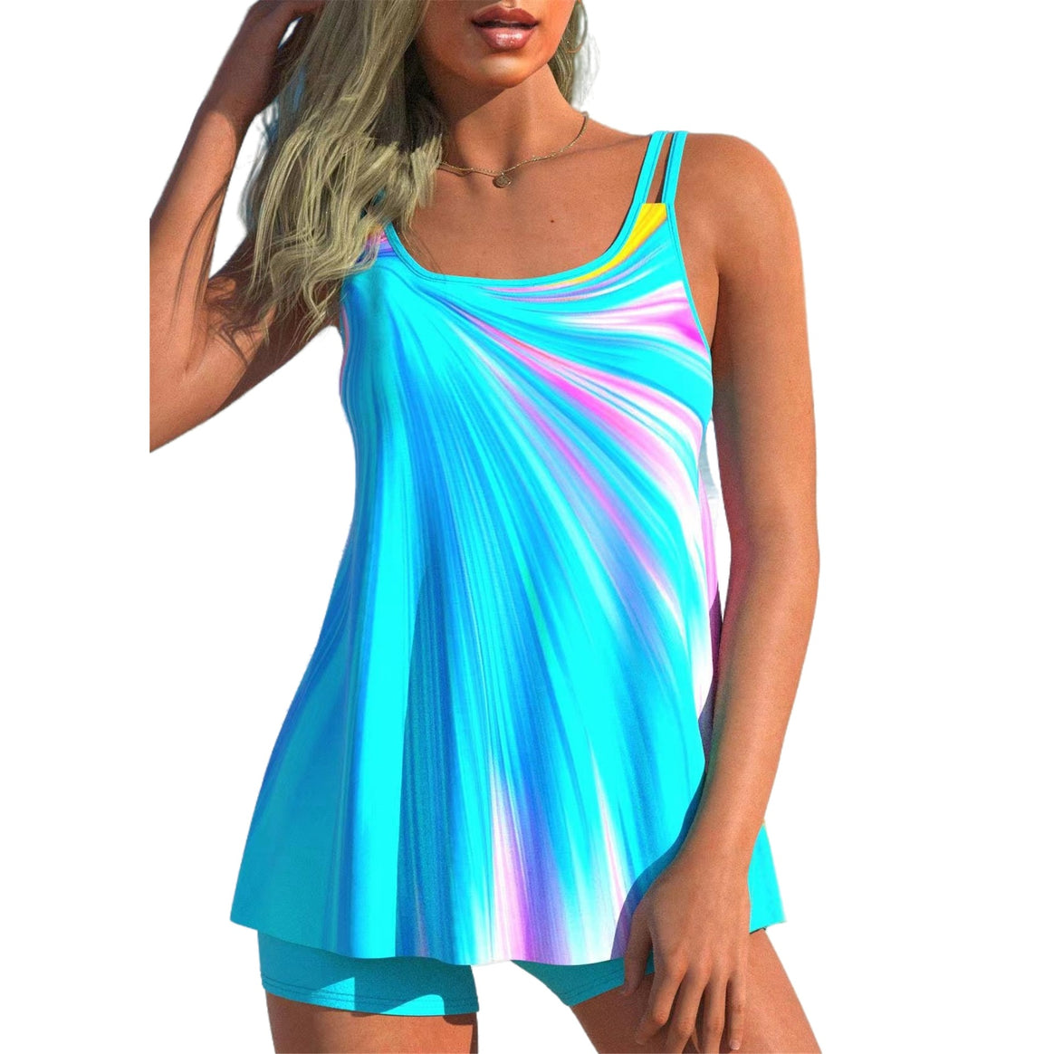 Women's flowing A-line tankini top with double spaghetti straps and figure-flattering fit Mune Fashion