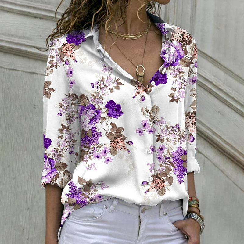 Women's loose shirt blouse with floral print and rolled sleeves Mune Fashion