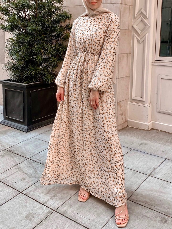 Women Floral Maxi Dress with Drawstring Waist and Balloon Sleeves Drune