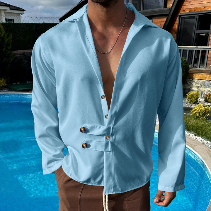 Men's modern long-sleeved shirt with deep neckline and asymmetrical strap look Mune Fashion