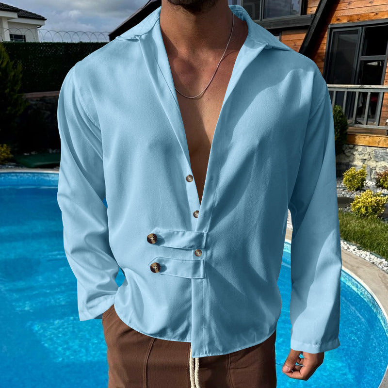 Men's modern long-sleeved shirt with deep neckline and asymmetrical strap look Mune Fashion