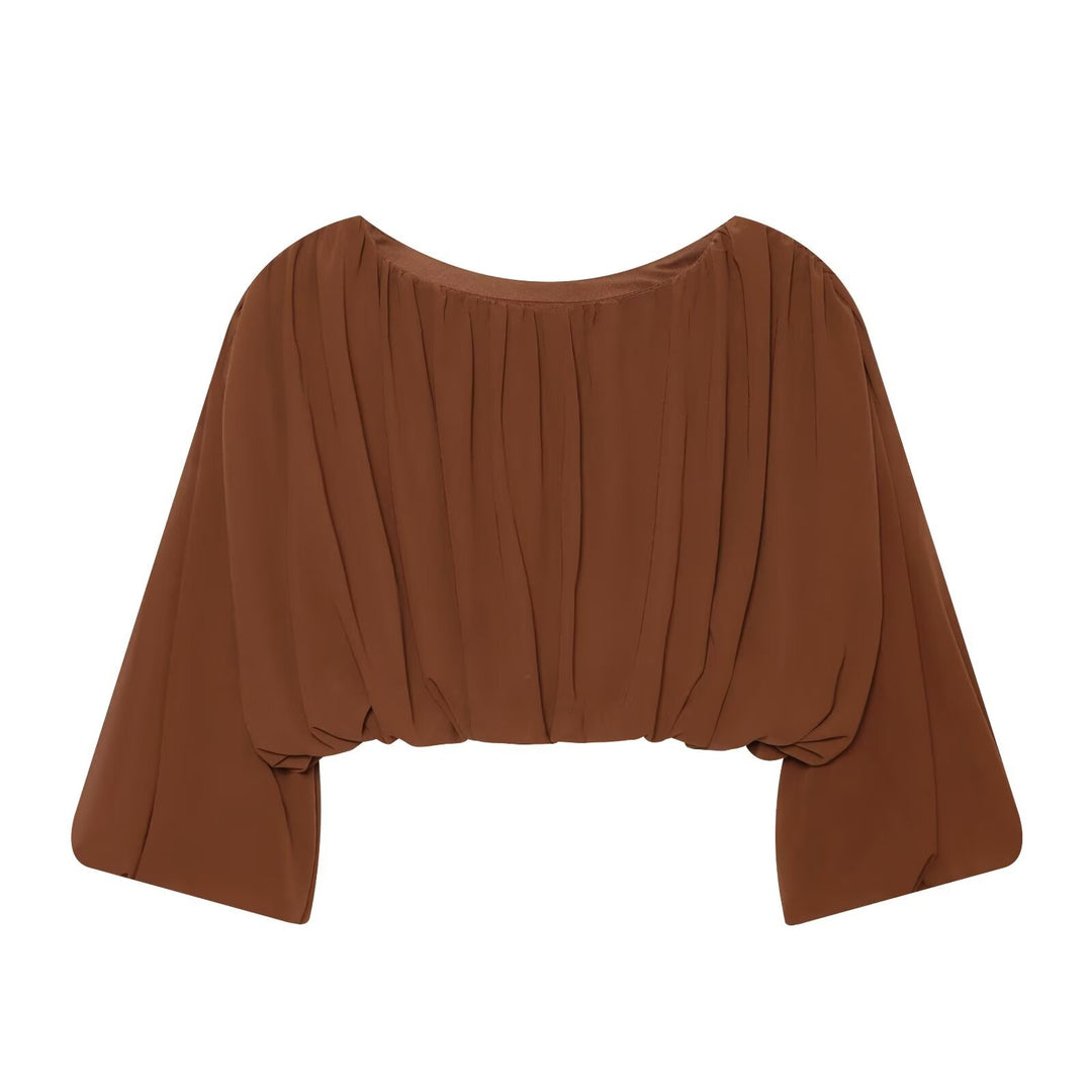 Women Airy Chiffon Short Blouse with Draping and Balloon Sleeves Mune Fashion